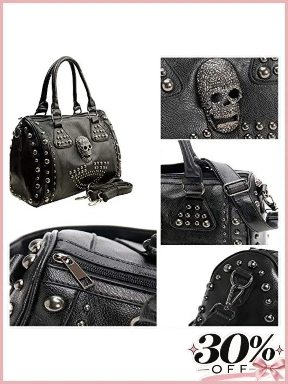 Gothic Skull Shoulder Bag Faux Leather Large Capacity Handbag with Studs